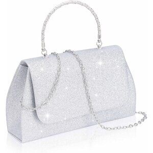 🆕Women’s Silver Glitter Evening Handbag Top Handle Purse w/ Chain Crossbody Bag